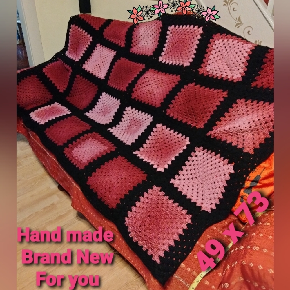 Brand New homemade handmade crocheted Blanket 49 x 73 Plently of Pink